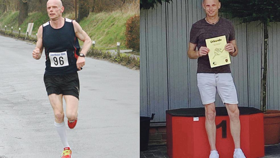 Marco Tammen läuft wieder wettkampforientiert. Früher (links) ist er oft Halbmarathons gelaufen, nun versucht er sich in der Leichtathletik über 800 Meter und feierte am Sonntag in Molbergen (rechts) einen Erfolg.  © Collage: Archiv/privat