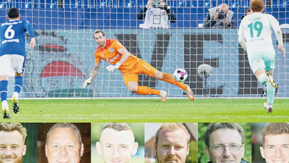 Stürzt Schalke weiter ab? Kann Bremen direkt wieder aufsteigen? Rheiderländer Fans von Zweitliga-Clubs wie Patrick Hinderks (von links), Detlef Brinkmann, Vladislav Bertram, Timo Roelfs, Jens Watermülder oder Lukas Kappernagel sind sich da nicht einig.  © Collage: dpa(1)/Bruins(5)/privat(1)