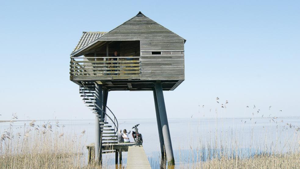 Radwanderer an der Kiekkaste bei Nieuwe Statenzijl.  © Foto: Internationale Dollard Route