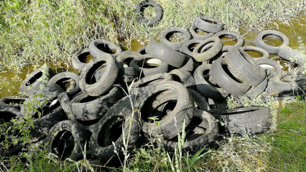 Die Altreifen wurden im Sieltief am Polderweg in Ammersum (Gemeinde Filsum) widerrechtlich entsorgt. © Foto: Polizei