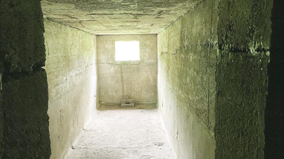 In diesen Luftschutzbunker in Weenermoor bei der Kirche flüchteten sich die Menschen zum Kriegsende im Jahr 1945. Es ist an Mahnmal für ein dunkles Kapitel in der deutschen Geschichte. Heute steigen auch Schulklassen die wenigen Stufen der Metalltreppe hinunter. Und dann wird es meistens ganz still, weil der Raum und seine Geschichte für beklemmende Gefühle sorgen.  © Fotos: Boelmann