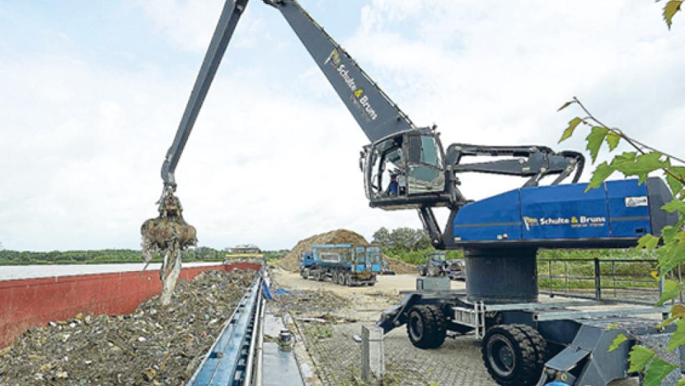 Mit einem Bagger wird der Müll vom Schiff auf Lastwagen geladen. Ein altes Urlaubsfoto aus Südafrika hat Lukas Augustin im Müll entdeckt. Auf dem Betriebsgelände wird der Müll sortiert und zerkleinert.  © Foto: Moormann