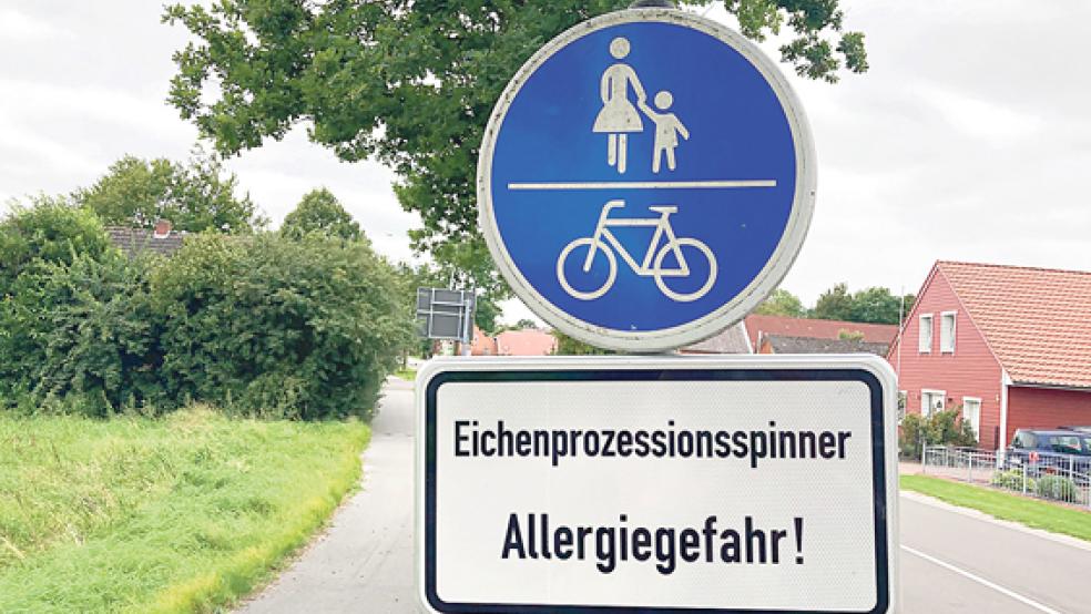 Auch in Wymeer stehen Schilder, die vor dem Eichenprozessionsspinner warnen. Die Lage hat sich in den vergangenen Wochen deutlich entspannt. Die giftige Raupe ist auf dem Rückzug.  © Foto: Boelmann