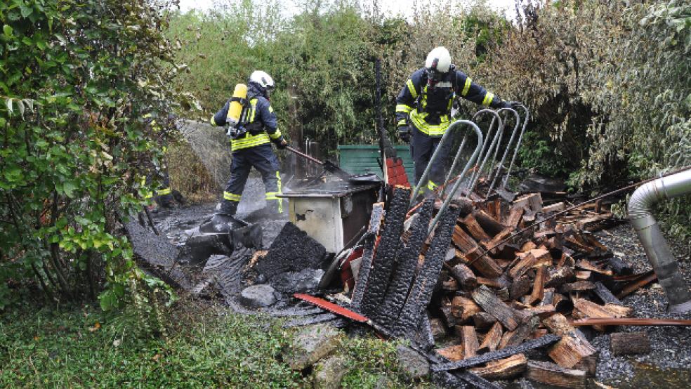 Die Gartenhütte im Leeraner Ortsteil Loga wurde durch den Brand vollständig zerstört. © Foto: Wolters