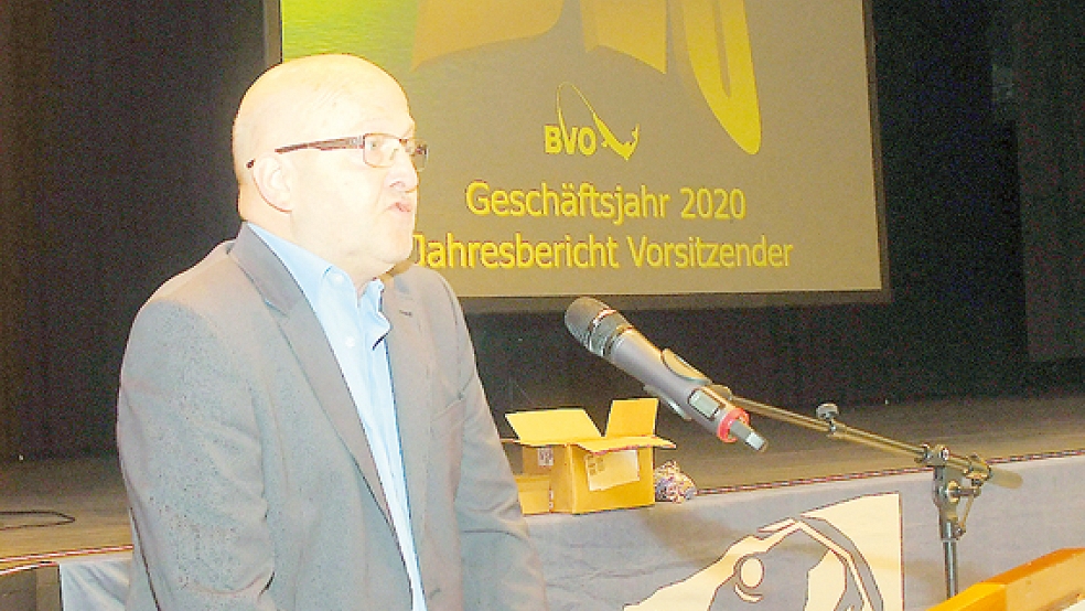 BVO-Vorsitzender Onno Behrends während seines Rechenschaftsberichtes.  © Foto: Ubben