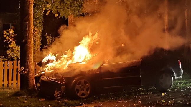 Auto prallt gegen Baum und fängt Feuer