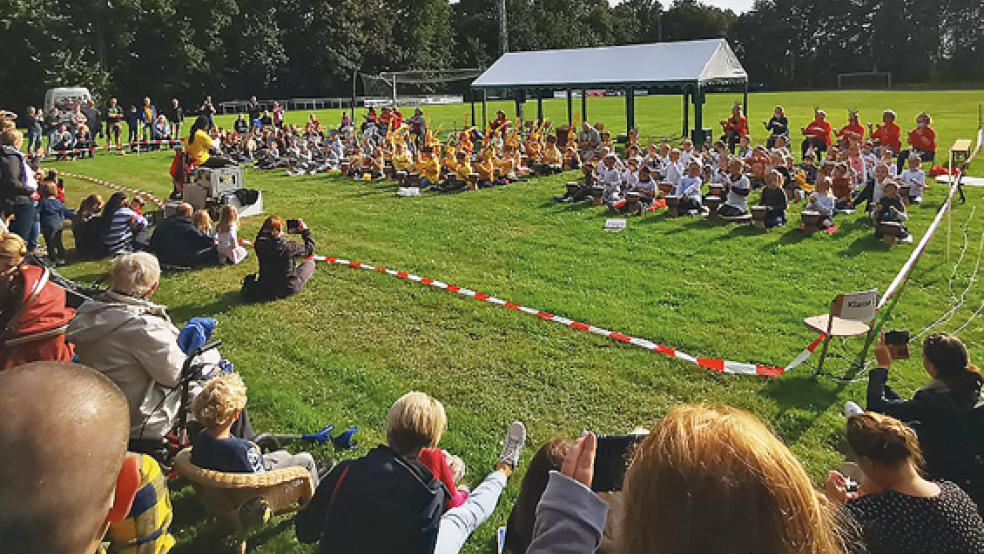 Auf dem Sportplatz nahe der Grundschule wurden den Eltern zum Abschluss der Projektwoche ein Musical von den Schülerinnen und Schülern präsentiert.  © Foto: privat