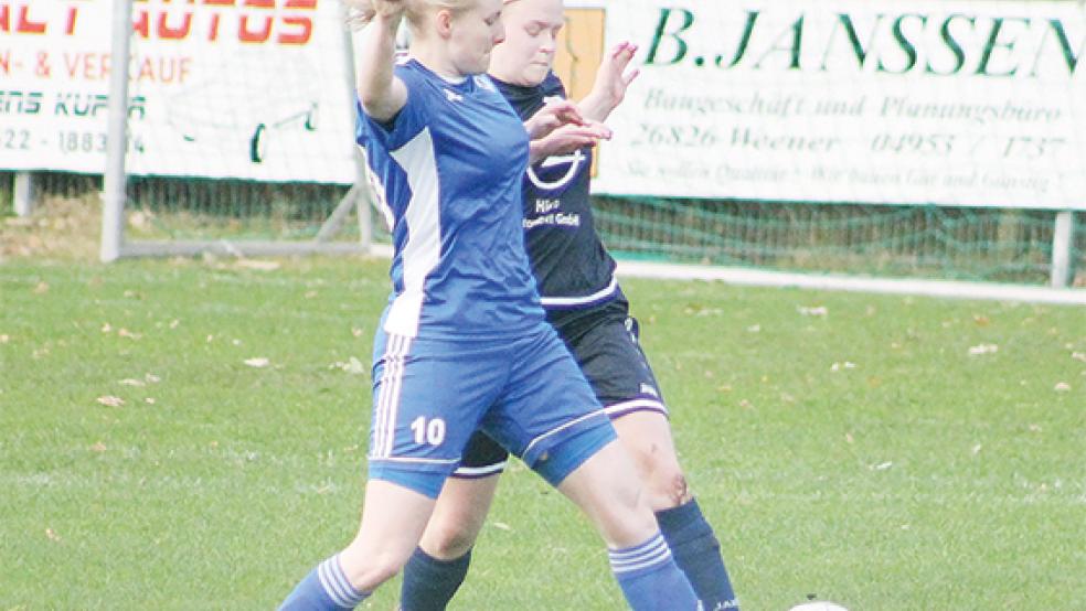 Lena Wähler (blaues Trikot) brachte Möhlenwarf bereits in der vierten Minute in Führung.  © Fotos: Yzer