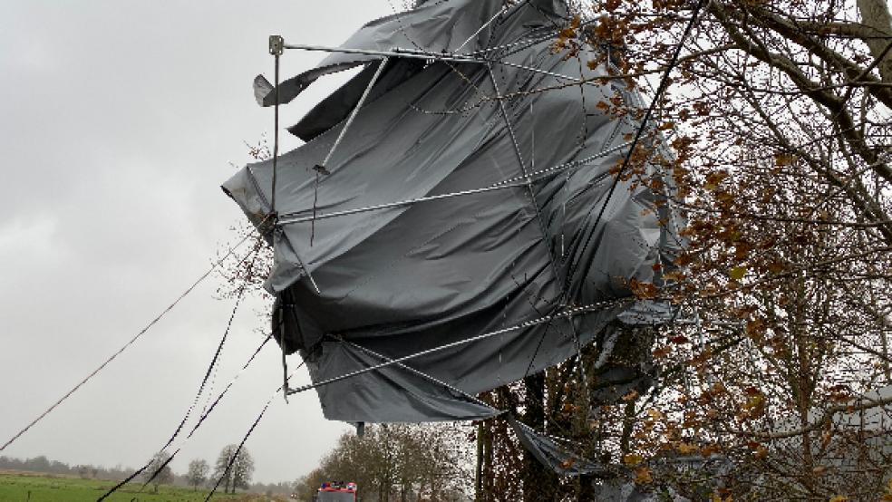 In Victorbur (Kreis Aurich) erfassten starke Sturmböen ein großes Lagerzelt, das abhob und über ein anderes Lagerzelt hinwegflog, ehe es in mehreren Bäumen hängen blieb und zum Teil auf die Straße ragte. Die Feuerwehr beseitigte die Gefahrenquelle. © Foto: Sven Janssen (Feuerwehr)