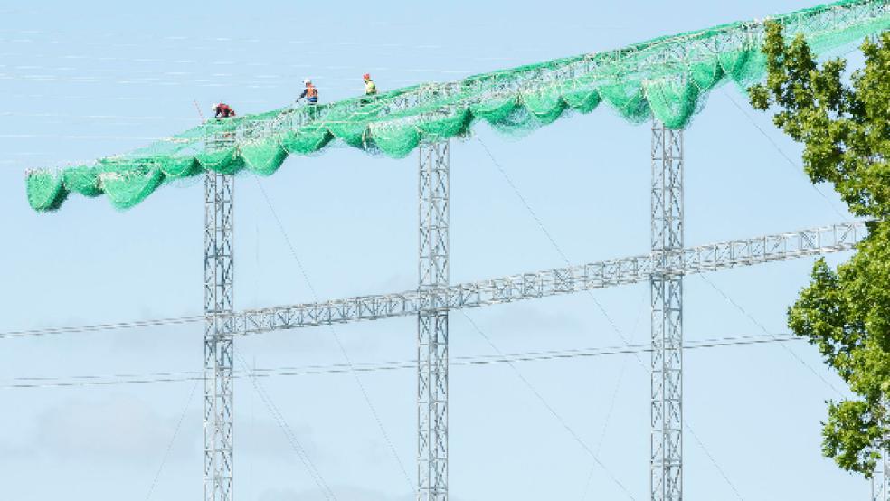 Nach dem Abschluss der Seilzugarbeiten für die Neubauleitung und der Seildemontage der bestehenden Leitung werden die Schutznetze über der Autobahn wieder entfernt und die Gerüste abgebaut. © Foto: TenneT