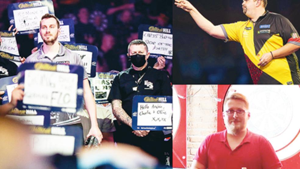 Die deutschen Darts-Profis, Florian Hempel (Mitte großes Bild) und Gabriel Clemens (rechts oben) sind am Montagabend bei der Darts-WM in London herausgeflogen. Frank Buß aus Bunderhee, der in den Niederlanden spielt, sieht andere Nationen noch deutlich vor Deutschland.  © Collage: dpa(2)/privat(1)