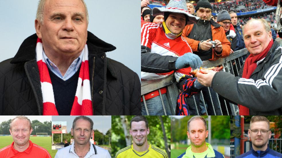 Uli Hoeneß, der heute seinen 70. Geburtstag feiert, sorgt bei den Rheiderländern Nils Hofmann (unten von links), Albert Penning, Ingo Lüppens, Michael Zuidema und Sebastian Schmieder für ganz unterschiedliche Assoziationen und Gefühle - sowohl positive als auch negative. © Foto: Collage: dpa(2)/Bruins(4)/Born