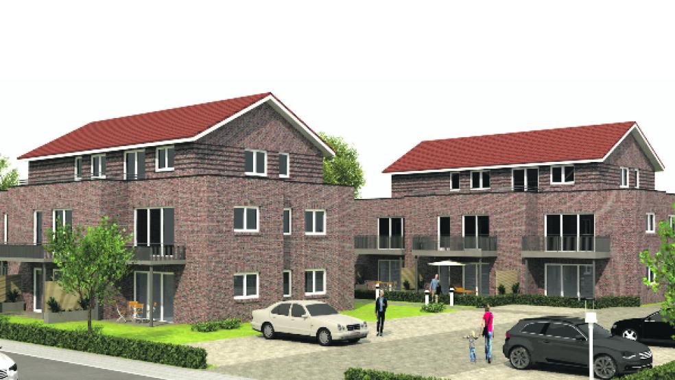 So sollen die beiden Mehrfamilienhäuser am Eingang des Baugebiets in Bingum aussehen. © Foto: Architekturbüro Hans Kuper (Visualisierung)