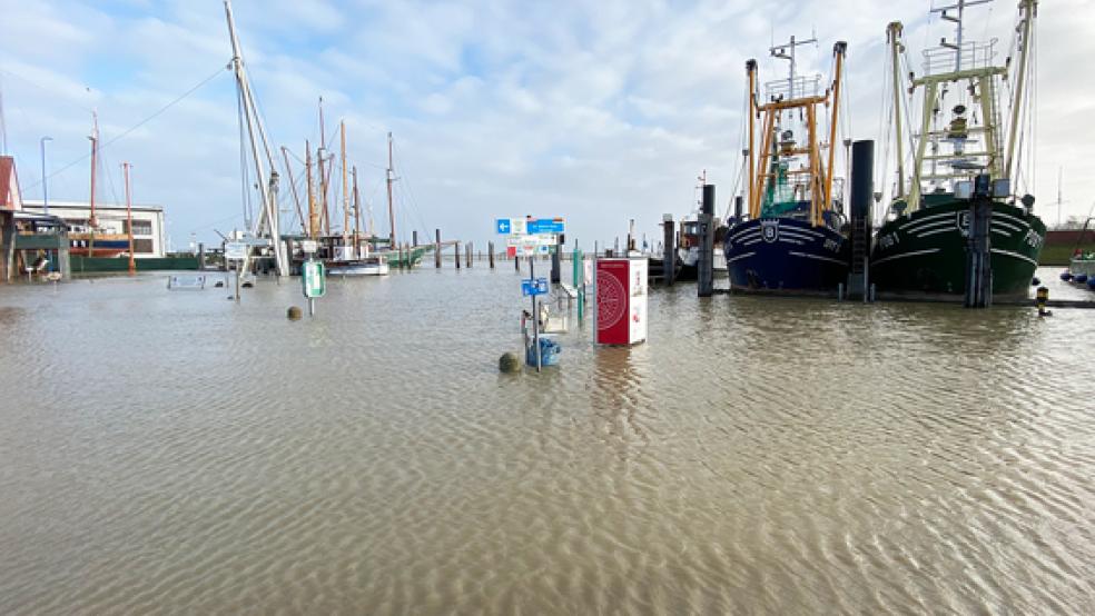 Auch im Ditzumer Hafen stand das Wasser gestern hoch. Im Nachbarort Jemgum schützte auch das Sperrwerk nicht vor »nassen Füßen« - denn es blieb trotz Sturmflut geöffnet.  © Foto: Hanken