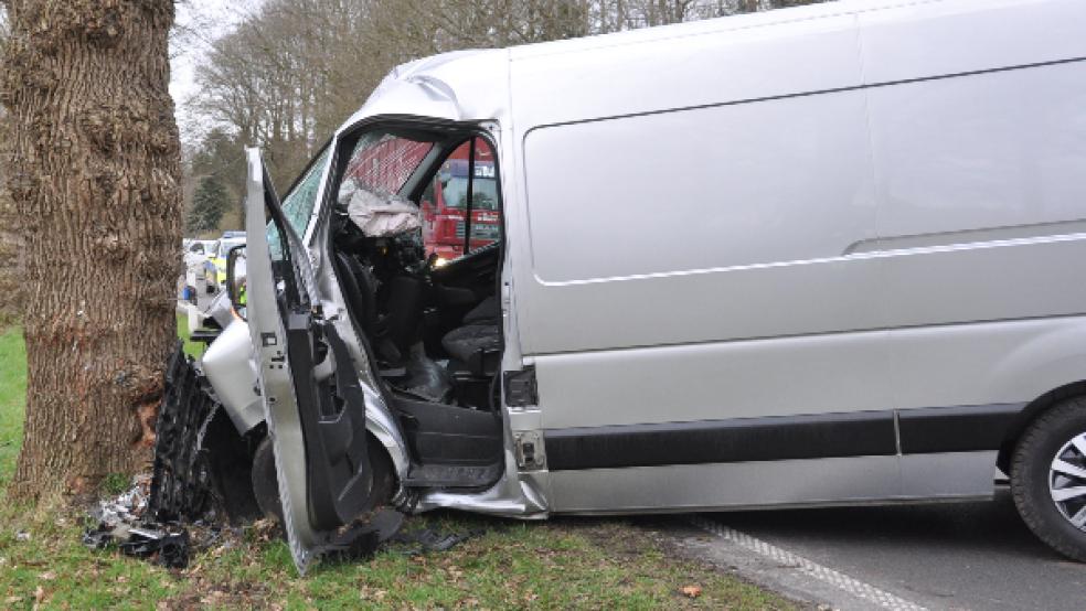 Aus bislang noch ungeklärter Ursache kam der Transporter auf gerader Strecke nach links von der Straße ab. Dabei prallte er frontal gegen einen Baum. © Foto: Wolters