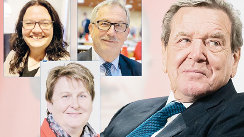 Die regionalen SPD-Spitzenpolitiker Hanne Modder, Anja Troff-Schaffarzyk und Helmut Geuken erwarten von Altkanzler Gerhard Schröder Konsequenzen mit Hinblick auf seine Aktivitäten in der russischen Energiewirtschaft.  © Fotos: dpa/Hanken/privat