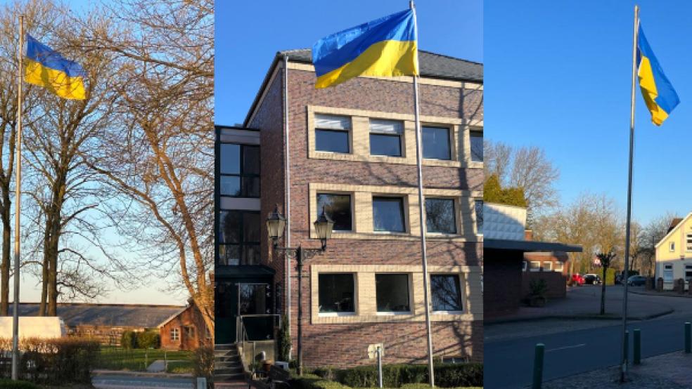 Vor den Rathäusern in Jemgum, Weener und Bunde (von links nach rechts) ist als Solidaritätsbekundung mit der Ukraine die blau-gelbe Flagge des osteuropäischen Landes gehisst worden. © Foto: Rheiderland-Kommunen