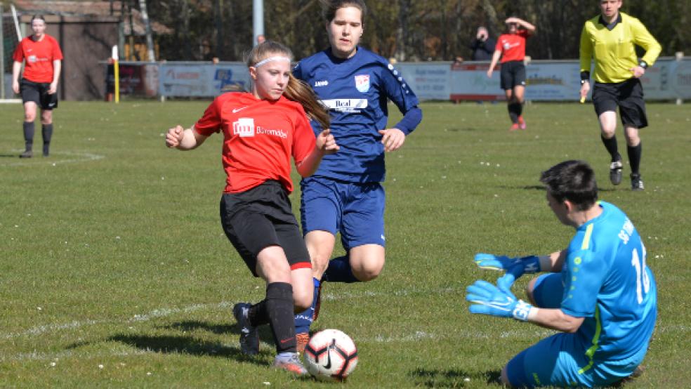 Jana Frieling (rotes Trikot) war von der TiMoNo-Abwehr nur selten in den Griff zu bekommen.  © Foto: Born