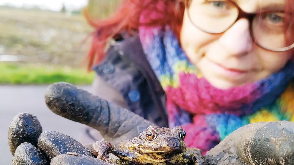 »Bitte, helfen Sie mir über die Straße«: Carola Dams-Ostendorp mit einer geretteten Kröte.  © Fotos: privat