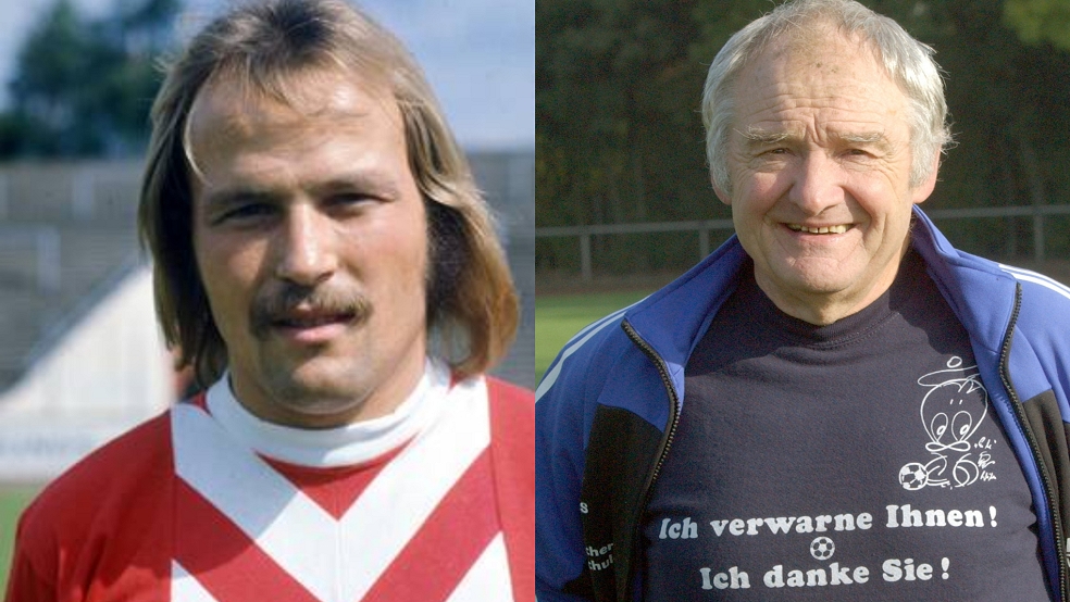 Eberhard Strauch (links) spielte einst für Essen in der Bundesliga. Er bringt Willi ‚Ente’ Lippens mit nach Weener zum Spiel von RWE gegen die Rheiderland-Auswahl. © privat/dpa