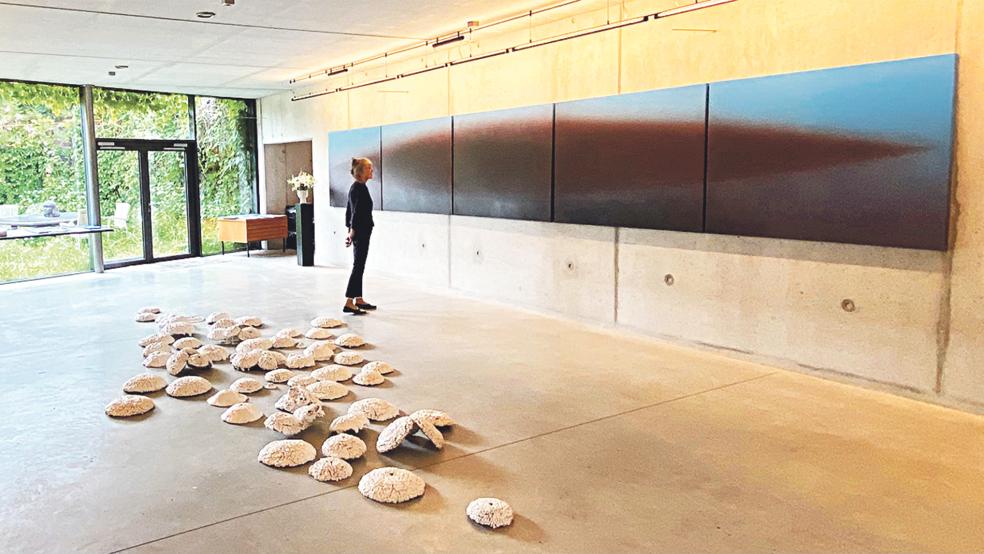 Das Kunsthaus im Hessepark beteiligt sich an der Ostfriesland-Biennale mit dem fünfteiligen Ölgemälde »Dark Wedge« von Elisabeth Tatenberg und einer Bodeninstallation der niederländischen Künstlerin Tanja Smeets.  © Foto: Kuper