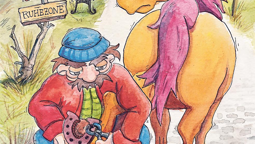 In dieser Geschichte erzählte Klaus Petschat einem neugierigen Paar, er würde die Hufeisen absichtlich abmachen, damit das Pferd nicht so laut sei.  © Illustration: Laura Stoppkotte