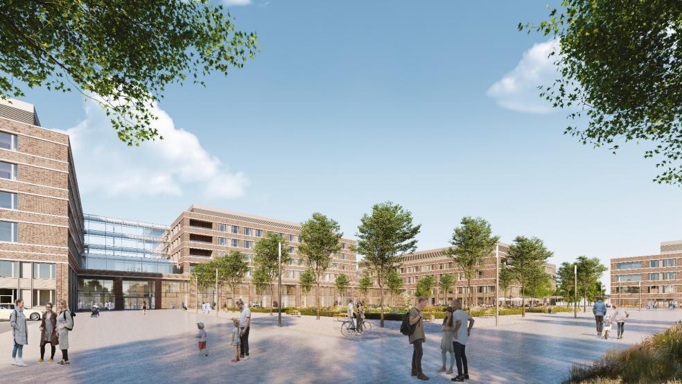 So soll die Zentralklinik in Georgsheil mit veranschlagten Baukosten von 567 Millionen Euro aussehen. © Visualisierung: gmp International GmbH (Aachen)