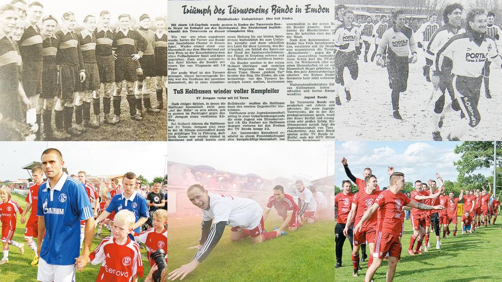 Von der Meisterschaft 1953 (links oben) bis zum aktuellen Titel in der Bezirksliga (rechts unten) - der TV Bunde kann in der 75-jährigen Geschichte der Fußball-Abteilung schon einige Erfolge vorweisen. Darüber hinaus konnte der TV auch schon Profis auf den vereinseigenen Anlagen begrüßen - etwa Werder Bremen 1987 oder Schalke 1986 und 2010.  © Fotos: RZ-Archiv/Chronik 100 Jahre TV Bunde 