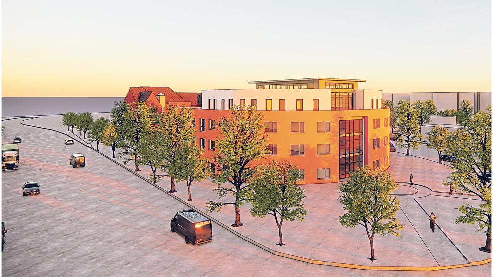 Halbrund ist das neue Rathaus in Papenburg konzipiert, das zwischen B70 (links) und Rathausstraße gebaut werden soll. Die Visualisierung zeigt im Hintergrund einen Teil des historischen Rathauses (links).  © Visualisierung: Schomaker + Henschel Architekten