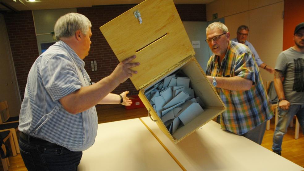 Auszählung der Stimmen bei der Landtagswahl am 15. Oktober 2017 im Dörfergemeinschaftshaus in Jemgum: Die Wahlhelfer Joachim Bugiel (links) und Dieter Immenga leeren eine Wahlurne aus.  © Archivfoto: Szyska