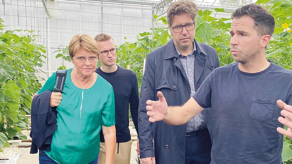 Gärtner Sebastian Bürger (rechts) führt die Grünen-Delegation um die Landtagsabgeordnete Meta Janssen-Kucz und die Bundestagsabgeordneten Julian Pahlke und Michael Kellner (zweiter von rechts) durch seinen Betrieb.  © Foto: privat