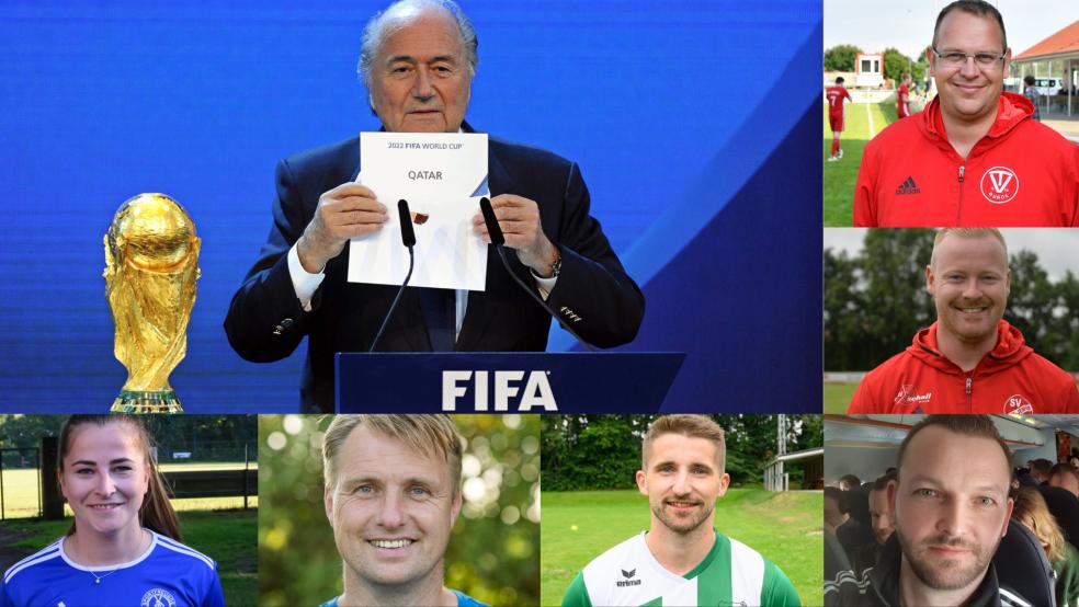 Die Vergabe des Turniers nach Katar lässt bei Femke Haken (von links nach rechts nach oben), Jens Duin, Matthias Dreese, Joachim Klinghagen, Timo Roelfs und Matthias Schmidt noch keine wirkliche WM-Stimmung aufkommen. © Collage: dpa/privat/Born/Bruins(4)