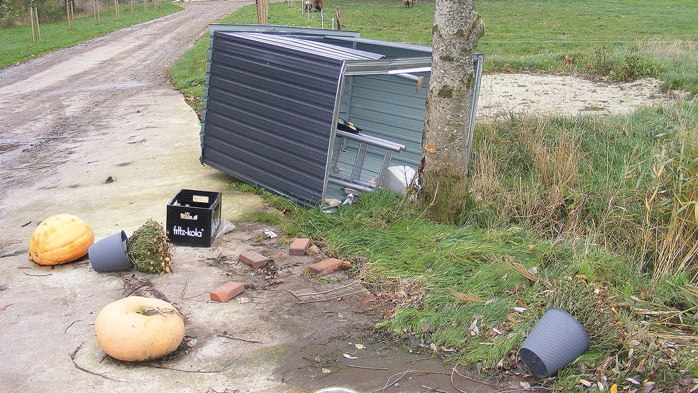Sinnbildlich für den Niederfall des Projekts: Der kleine Hofladen in Bingumgaste ist mittlerweile umgestürzt.  © Foto: Szyska