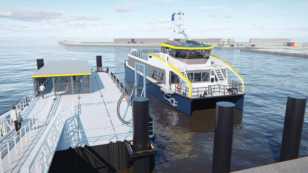 So wird der neue E-Kat der AG Reederei Norden-Frisia aussehen. Die Indienststellung der Fähre für 150 Personen ist für Mai 2024 vorgesehen.  © Zeichnung: Frisia