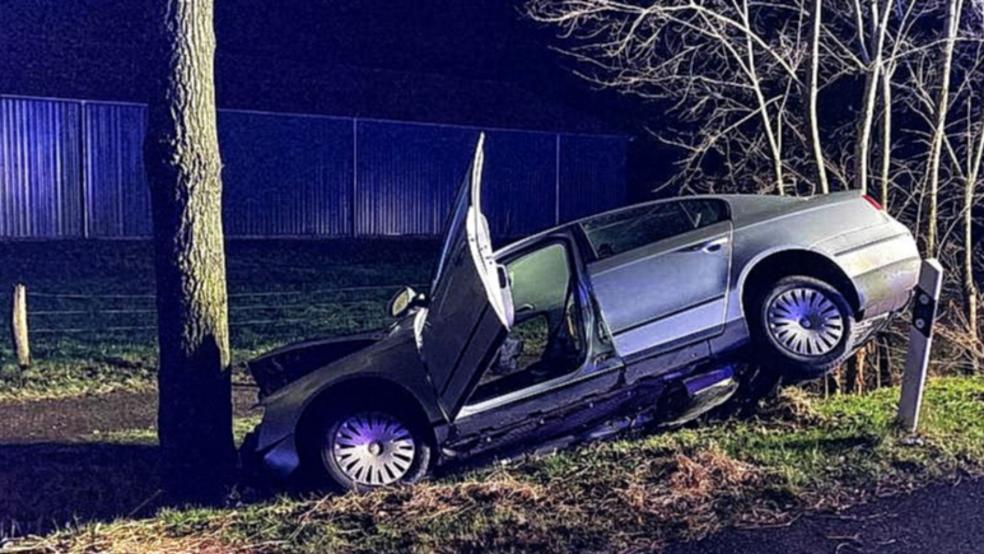 Den schwer beschädigten VW Passat ließ der noch unbekannte Fahrer nach der Kollision mit einem Baum an der Unfallstelle zurück. © Wolters