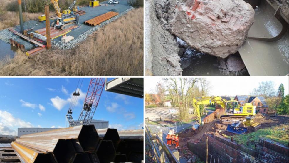 Die Collage zeigt den Fortschritt der vorbereitenden Arbeiten für den Neubau der Friesenbrücke.  © Arbeitsgemeinschaft Friesenbrücke, Depenbrock Ingenieurwasserbau GmbH