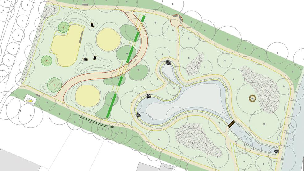 Der Stadtpark an der Burgstraße erhält zusätzliche Spielgeräte im vorderen Bereich, eine neue Wegeführung im hinteren Bereich sowie einen kleinen Platz jeweils für die Partnerstädte Eurajoki und Les Pieux.  © Zeichnung: Stadt Weener