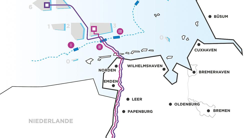 Die Grafik zeigt den beantragten Trassenverlauf entlang der niederländischen Grenze durch das Rheiderland. © Amprion