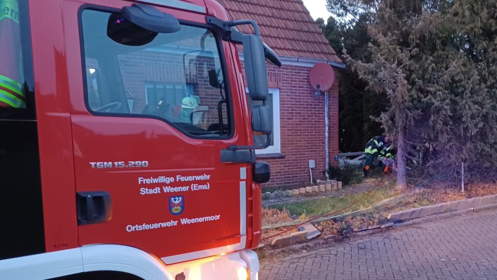 An der Zeisigstraße in Möhlenwarf drohte eine abgebrochene Tanne auf Geh- und Fahrradweg zu stürzen. © Rand/Feuerwehr