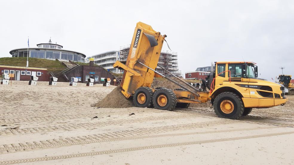 Ein Muldenkipper schüttet am Badestrand auf Wangerooge fehlenden Sand auf..  © Foto: dpa/Kuchenbuch-Hanken