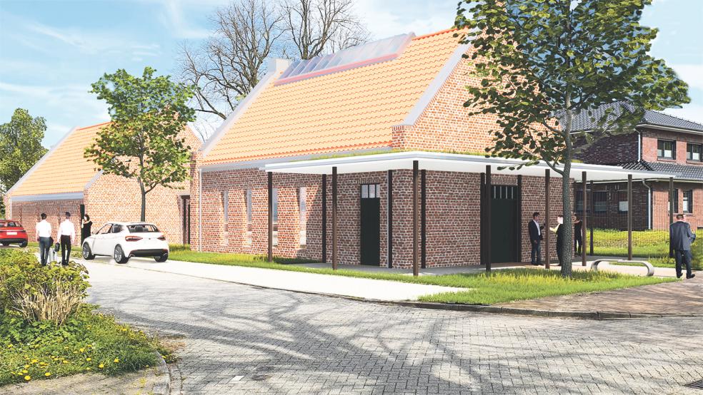Die beiden Gebäude des Trauerzentrums fügen sich gut in das Straßenbild ein.  © Grafik: Kontur/Montage: Rademaker
