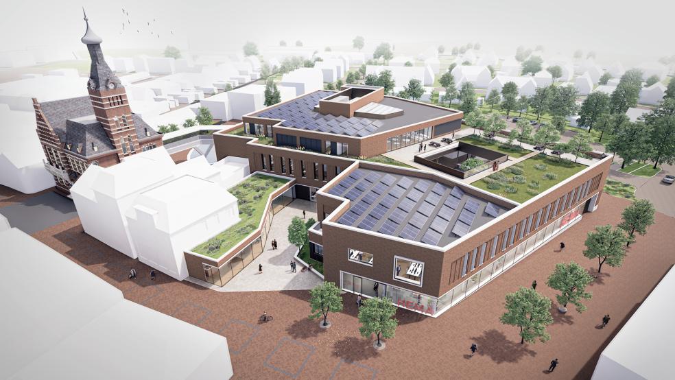 Das neue Rathaus im niederländischen Winschoten soll mit dem alten »stadhuis« (links) über eine Fußgängerbrücke verbunden sein.  © Foto: Gemeinde Oldambt