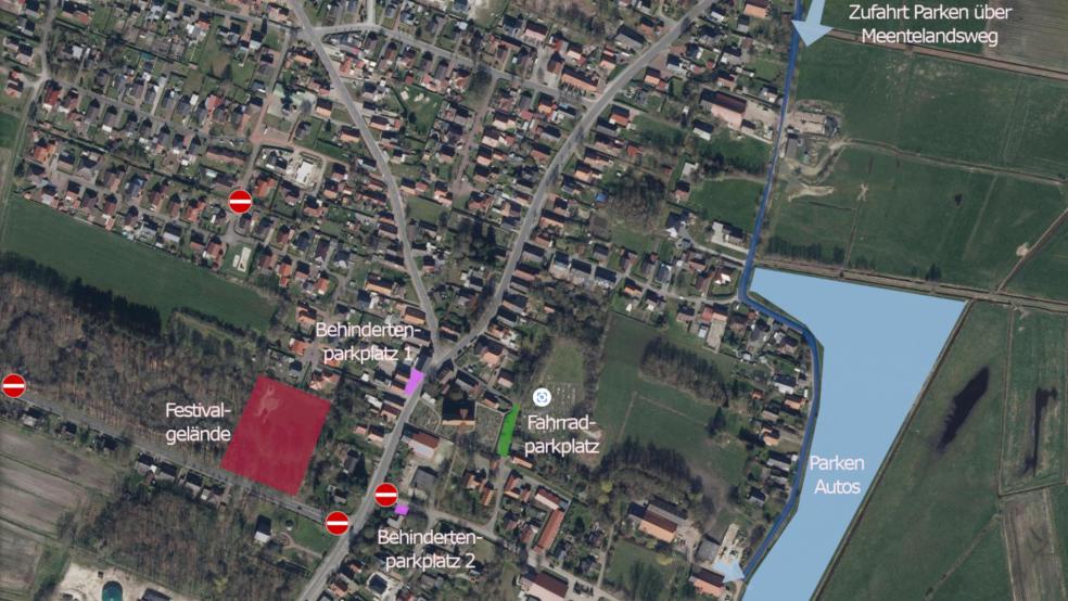 Der Pkw-Parkplatz befindet sich auf einer Wiese am Mee­ntelandsweg und ist auch nur über diesen zu erreichen. Hier wird eine Einbahnstraßenregelung gelten. © Stadt Weener