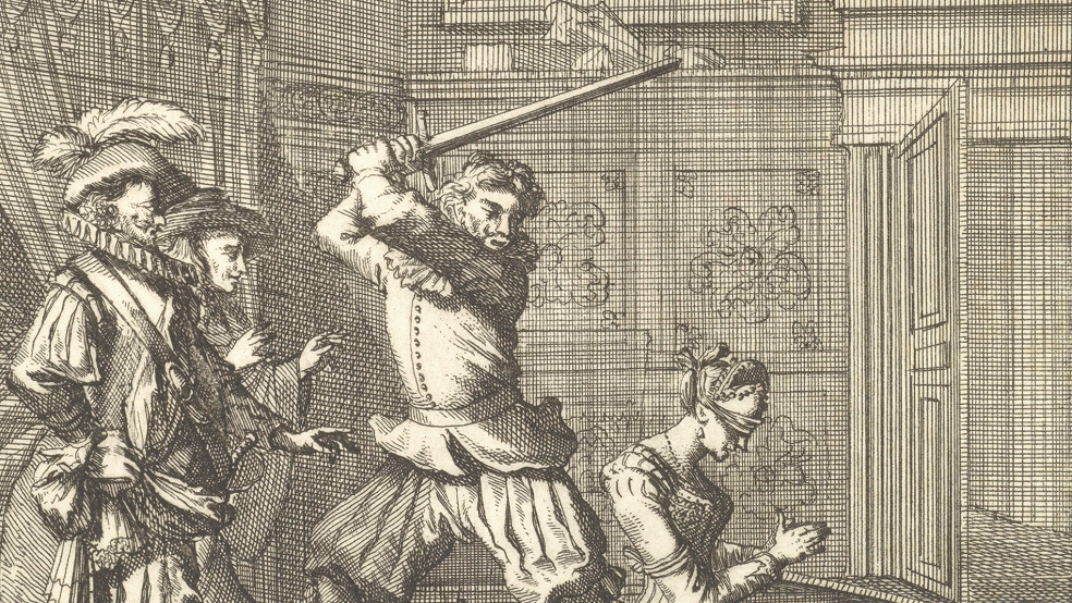 Joachim von Carpzov befiehlt die Enthauptung seiner Frau. Diese Zeichnung des Amsterdamer Illustrators Jan Luyken aus dem Jahr 1699 stellt die Bluttat von Jemgum nach.  © Foto: Public Domain/Wikipedia