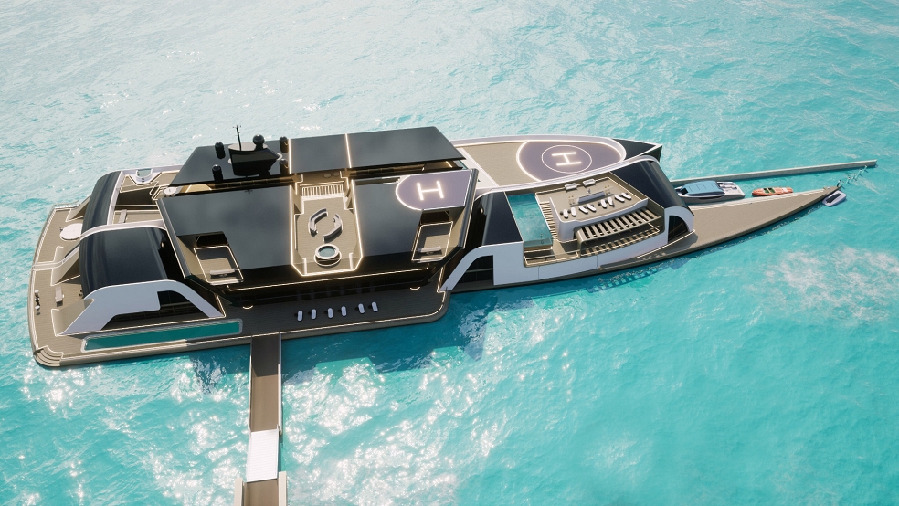 Die »THREE05« ist eine Kombination aus einer 125 Meter langen Superyacht und einer 180 Meter langen »Floating Solution«. © Meyer-Gruppe