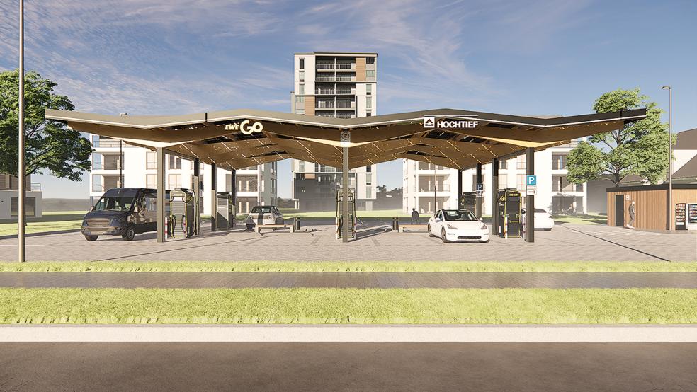 Diese visualisierte Darstellung zeigt eine größere Schnell-Ladestation mit 16 Ladepunkten, im Rheiderland wird es sich um eine kleinere Variante mit vier Ladepunkten handeln.  © Visualisierung: Hochtief