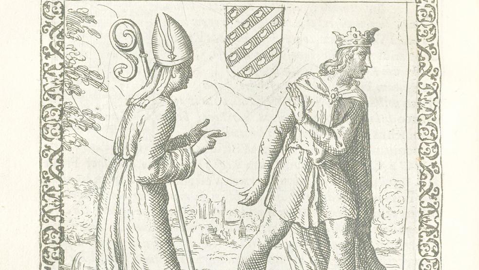 Radbod verweigert die Taufe durch Wulfram - Kupferstich aus Hamconius: Frisia seu De viris rebusque Frisiae illustribus (P. Feddes von Harlingen, 1620).  © Foto: Landschaft