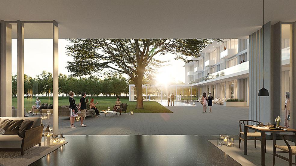 So soll der Blick vom Restaurant auf die Außenanlagen des geplanten Hotels aussehen.  © Grafik: Brune & Company