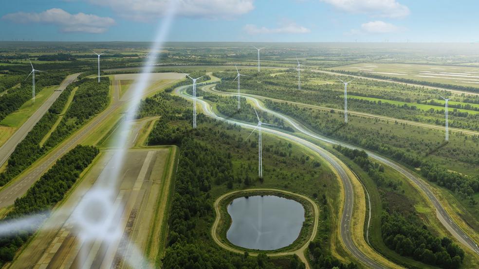 Einen Blick in die Zukunft erlaubt diese Visualisierung des künftigen Windparks auf dem Testgelände von Mercedes Benz in Papenburg. © Mercedes Benz