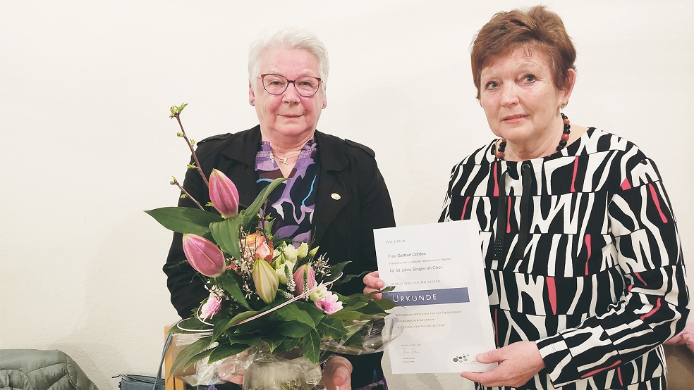 Wilma Jürrens (rechts) überreichte Gertrud Cordes als Anerkennung für ihre 50 Jahre Engagement eine Urkunde sowie eine Ehrennadel und einen Frühlingsblumenstrauß.  © Foto: privat